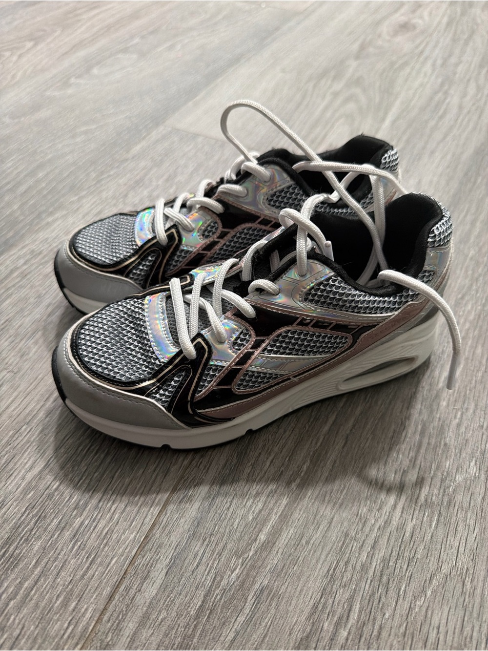 Skechers Kids Iridescent Silver and Black Athletic Sneakers